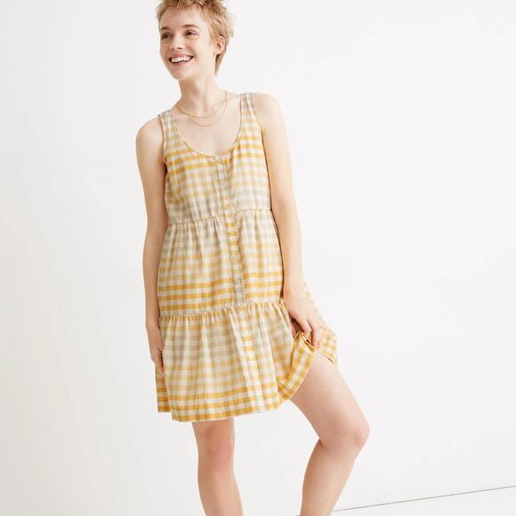 NWT Madewell Button Front Tiered Mini Dress Womens XS Yellow Gingham 100% Cotton - Picture 1 of 7